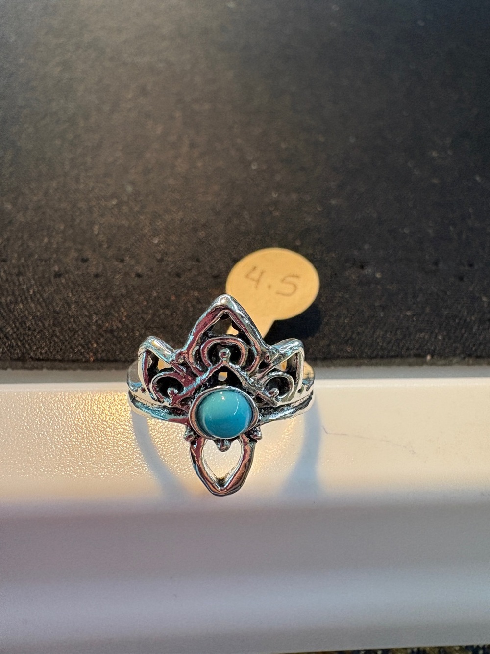Silver Filigree Teardrop Ring with Turquoise Stone Size 4.5